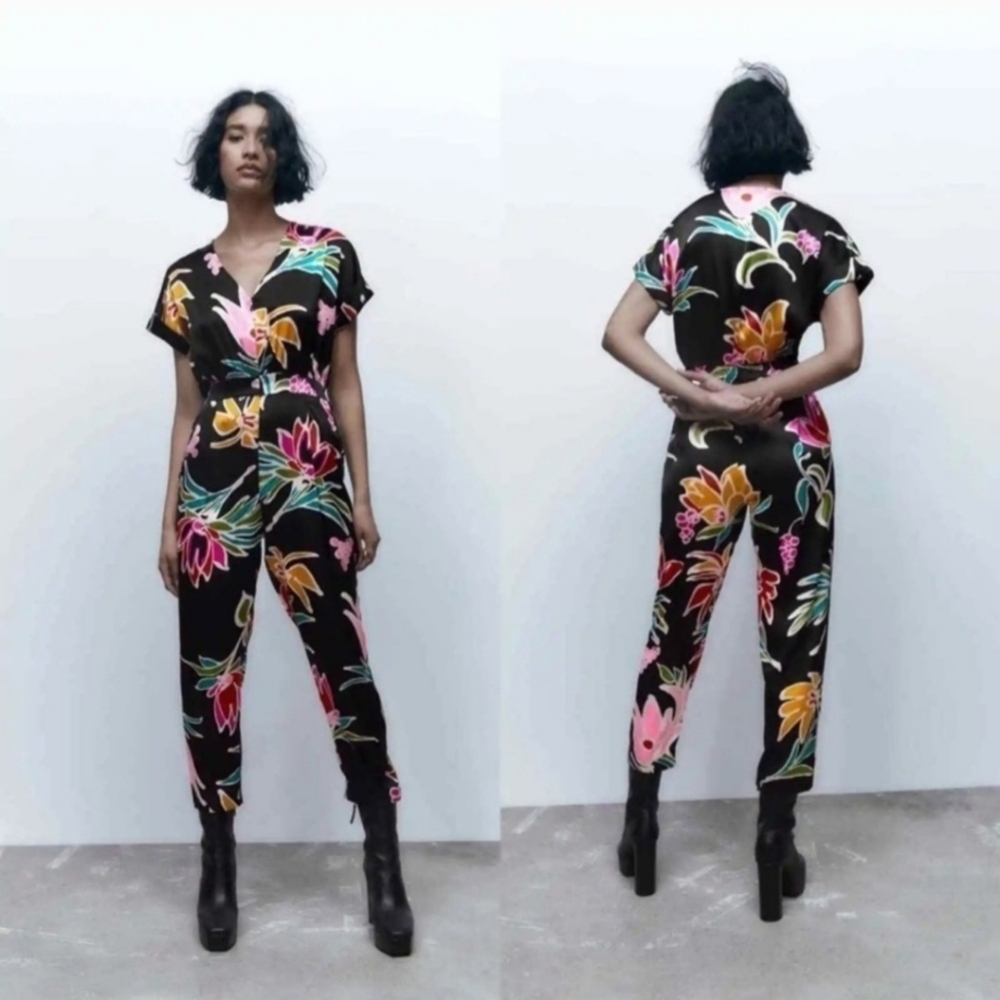 Zara Black Floral Cropped Jumpsuit with Pink, Yellow & Green Print